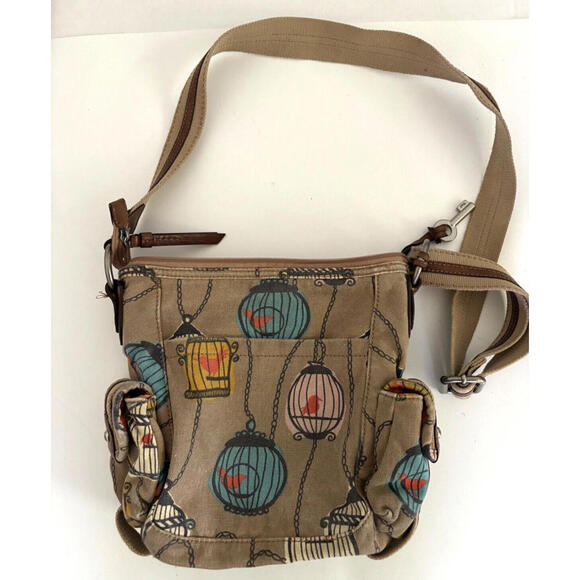Fossil Canvas Crossbody Bag Purse Birdcage Design Lemon Pattern Interior - Picture 2 of 4